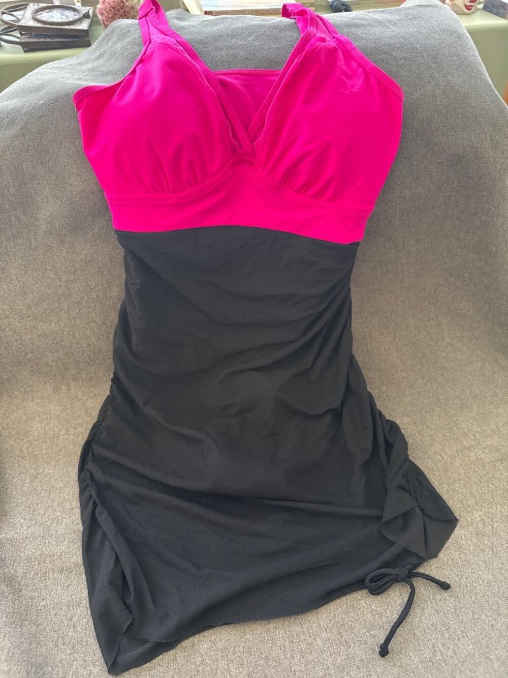 Pink & Black Ruched One-Piece Swimsuit With Adjustable Side Ties And Padded Top
